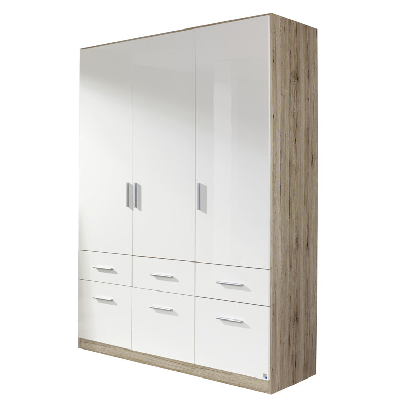Celle 3 Door Wardrobe, High Gloss White and Sonoma Oak