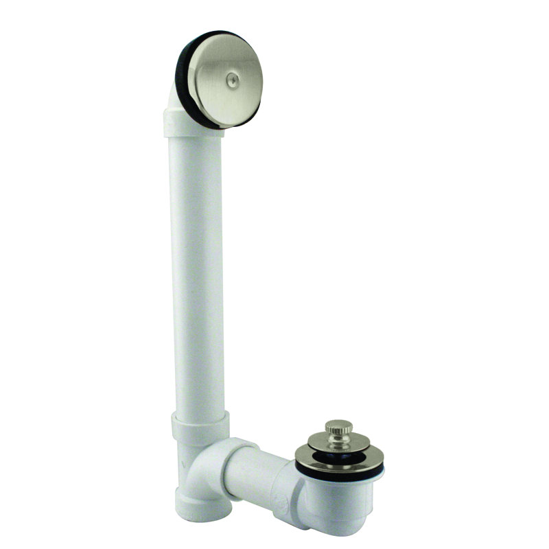 1-1/2 x 12 Sch. 40 PVC Pull-to-Open Bathtub Leg Drain Assembly with One-Hole Overflow, Satin Nickel
