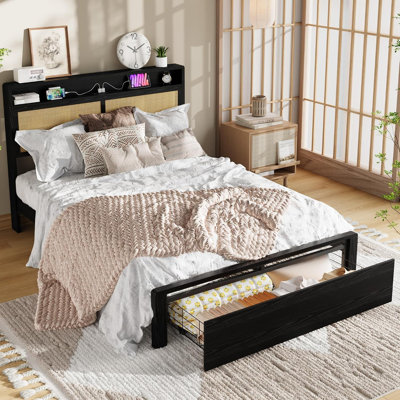 Queen Wooden Rattan Bed Frame Bohemian with Storage and LED Lights | Cane Headboard with Charging Station, Wooden Slats, Noise-free, No Box Spring. Country Farmhouse Bed Frames Black