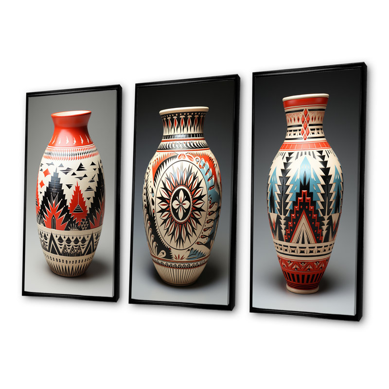 Native Pueblo Pottery - Ensemble de 3 reproductions d'art sur toile, Cadre flottant noir, H 28 po x l 36 po