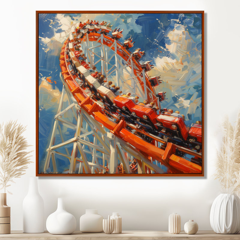 «Orange Orange Roller Coaster Rush - Amusement Parks», reproduction d'art mural, H 36 po x l 36 po, Cadre flottant brun