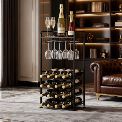 Freestanding Floor Wine Rack For 16 Bottles, Wood And Metal Wine Shelf With Glass Storage, Versatile Bar Cabinet For Kitchen, Dining Room, Home Office