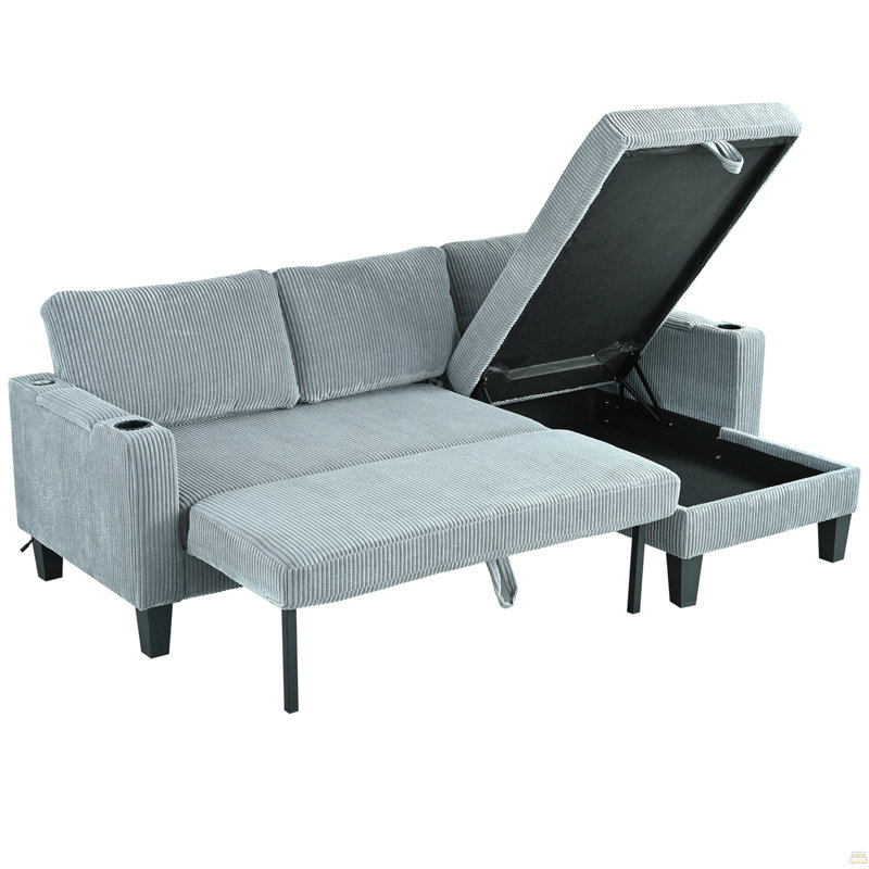 Reversible Sectional Sofa With Storage Chaise, Arm With Cup Holder,Storage And USB Ports, Gray Corduroy