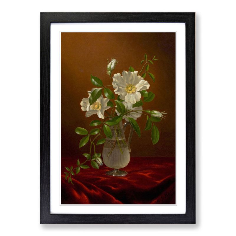 Cherokee Roses in a Vase by Martin Johnson Heade - Picture Frame Painting, 48cm H x 36cm W x 2cm D, Black Framed