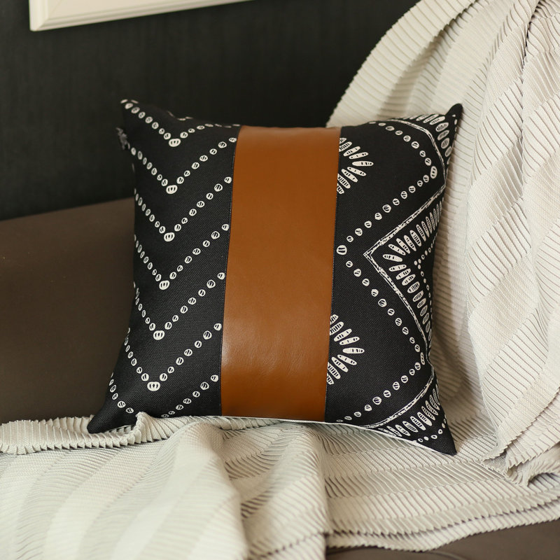 Black and Brown Geometric Faux Leather Pillow, 17" x 17"