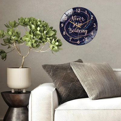Galaxy Wall Clock Never Stop Believing Inspirational Decor Art - 12'' Modern Glass Wall Clock