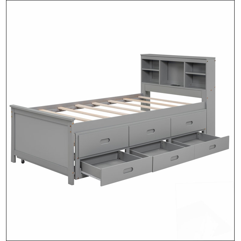 Lit plateforme avec tête de lit avec rangement, USB, lit gigogne et 3 tiroirs, Gris