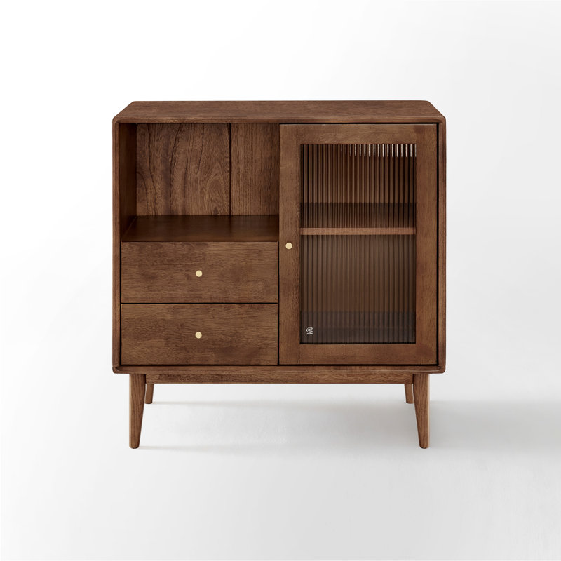 31.5"W Solid Wood Mid-Century Modern Rectangle Brown Accent Cabinets with Drawers and Fluted Glass Door, Brown Wood