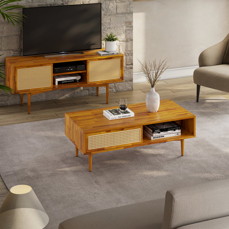 Table basse en bois massif 47 po avec tiroirs de rangement en rotin Oliver, Caramel