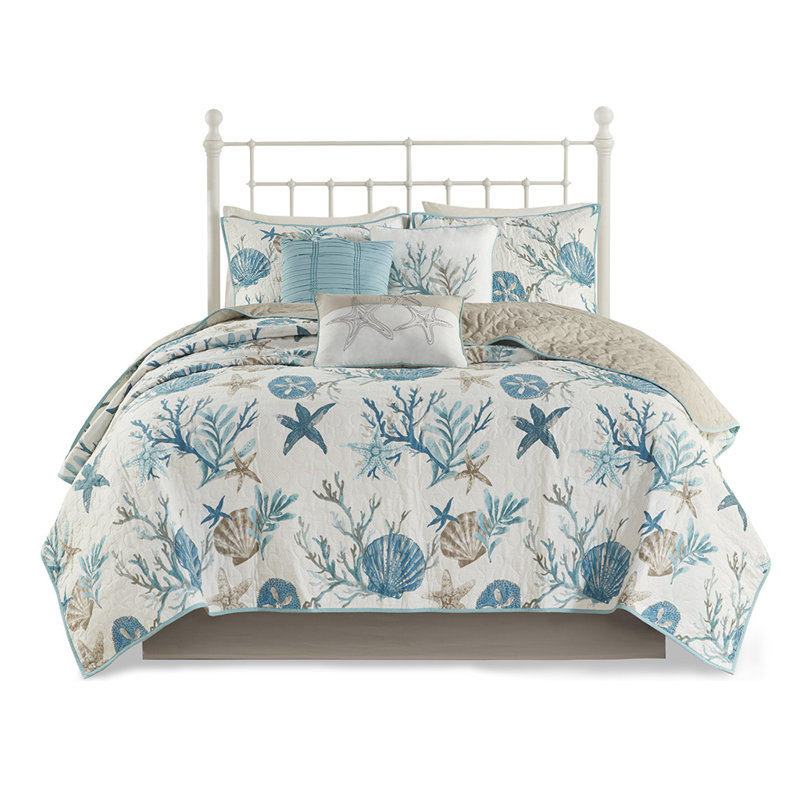 Ensemble de courtepointe en satin de coton 6 pièces avec coussins décoratifs Koreen, Turquoise