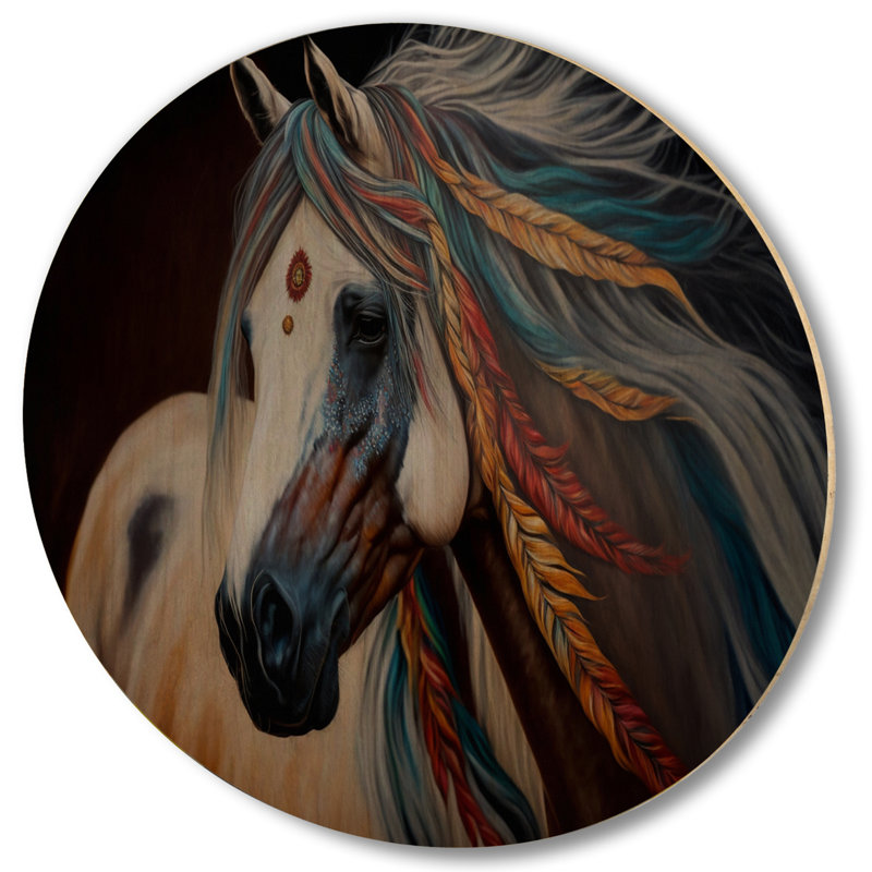 Cheval amérindien coloré I - Art mural moderne en bois - Bois de pin naturel, H 36 po x l 36 po x P 1 po