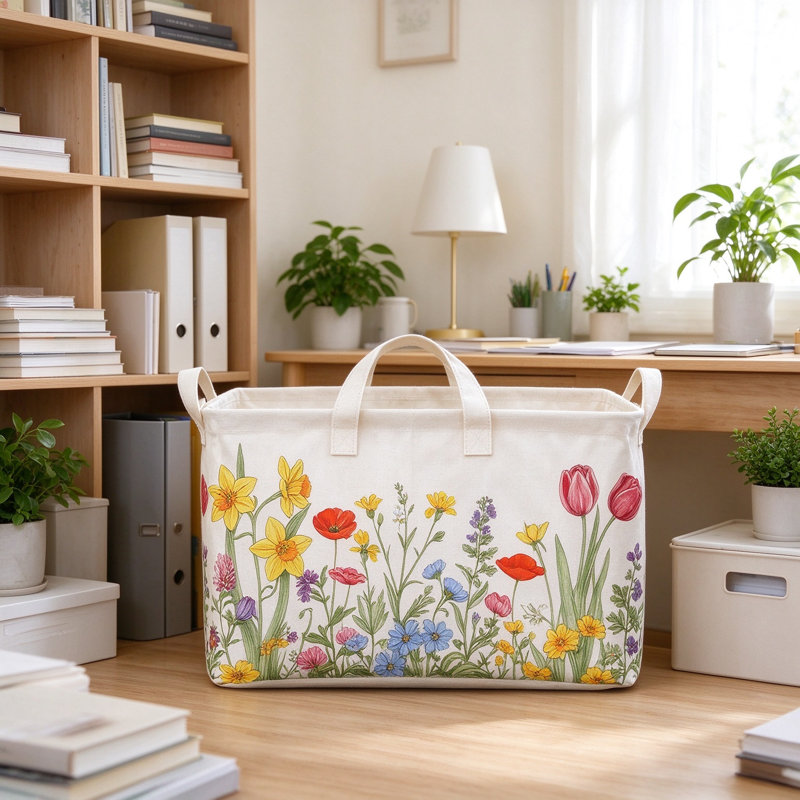 Bacs de rangement de fleurs pliables avec poignées, ensemble de panier pliable de fleurs sauvages pour vêtements, jouets, serviettes et décoration intérieure