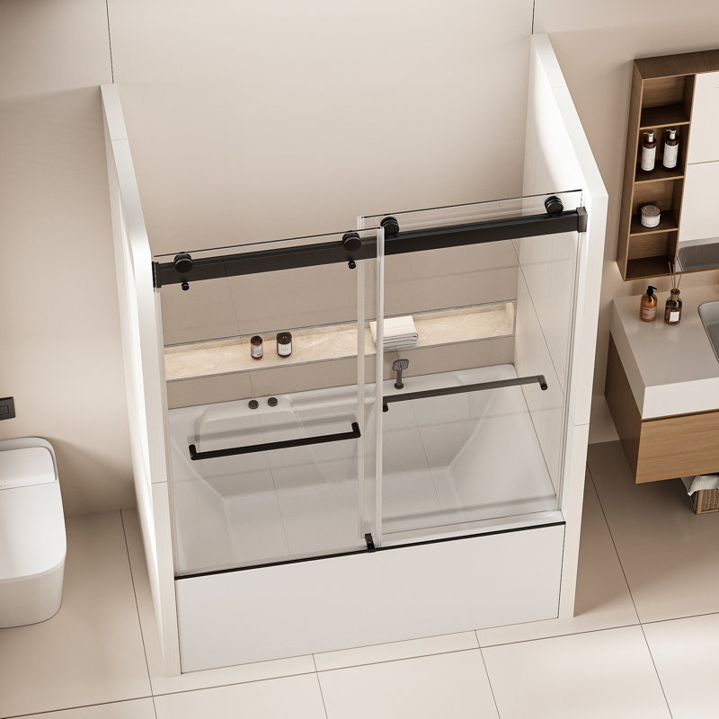 62 po Porte de douche H Bypass, 56 - 60 W, noir mat, 4 pouces de réglage horizontal, fermeture douce, peu d'entretien, étanchéité supérieure, configuration réversible, double verre trempé 5/16 po