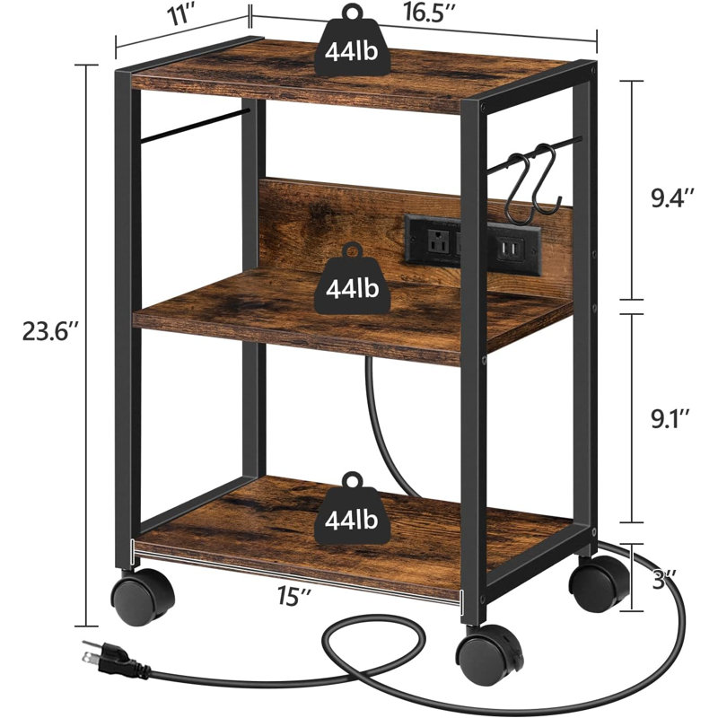 3-Tier Mobile Printer Stand, Rolling Cart with Power Outlets and USB Ports, Home Printer Stand