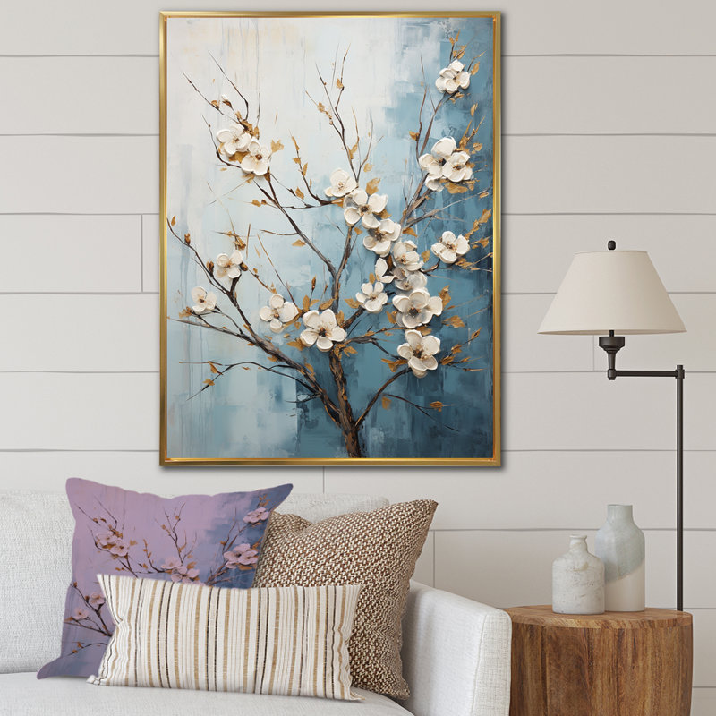 Reproduction sur toile White Dogwood Peacefulness III, Cadre flottant doré, H 44 po x l 34 po x P 1,5 po