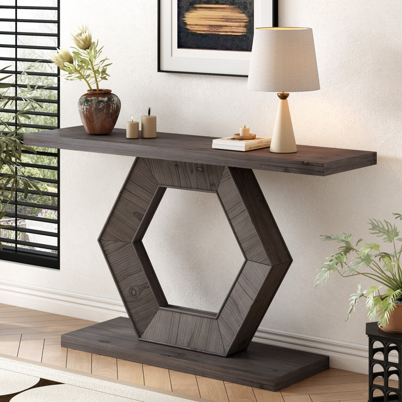 Entrance table with hollow hexagonal leg structure, Natural Wood