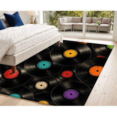 Retro Vinyl Record Machine Washable Area Rug with Non‑Slip Backing, Vintage Music Pattern Floor Carpet, Cozy Indoor Home Decor for Living Room, Bedroom, Gaming, Studio, Apartment