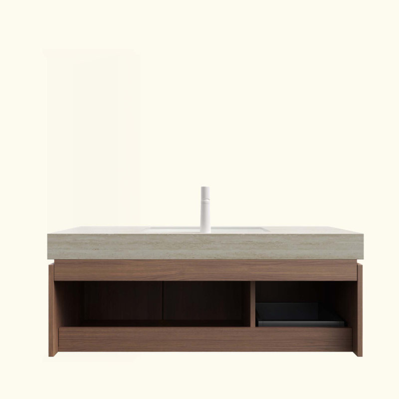 Meuble-lavabo de salle de bain avec lavabo, armoire de rangement murale en contreplaqué avec tiroir et 2 portes, comptoir à motif de travertin avec lavabo Roma, pré-assemblé