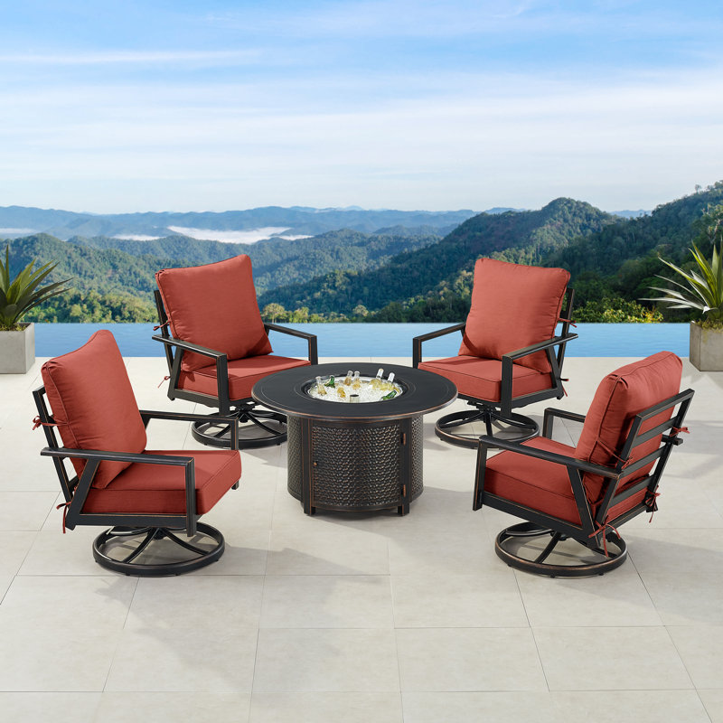 Ensemble de table de foyer en aluminium noir avec quatre fauteuils club, Rouge
