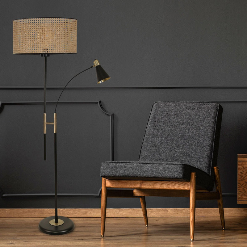 Lampe sur pied élégante avec corps en métal, couleur osier, hauteur L 64,9 po Luro | Revêtement chromé et capuchon en tissu | Douille E27, 60 W maximum | Finition électrostatique durable séchée au four | Parfait pour le salon et la chambre à coucher