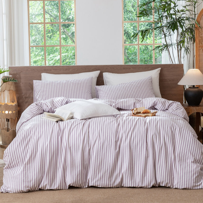 MooMee Striped Duvet Cover Set 100% Washed Cotton Linen Like Textured, Full Duvet Cover + 2 Standard Pillowcases