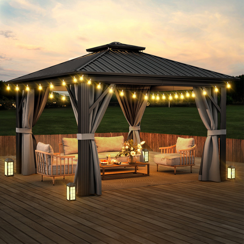 Outdoor Aluminum Hardtop Patio Gazebo with Curtain and Netting, 12 ft x 12 ft