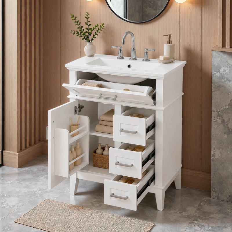 Meuble-lavabo simple autoportant de 24 pouces avec lavabo en céramique, 1 porte, tiroir rabattable et 3 tiroirs, Blanc