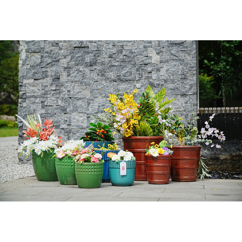 3 pots de fleurs en céramique, pot de fleurs moderne pour patio, jardin ou rebords de fenêtre, Bleu antique