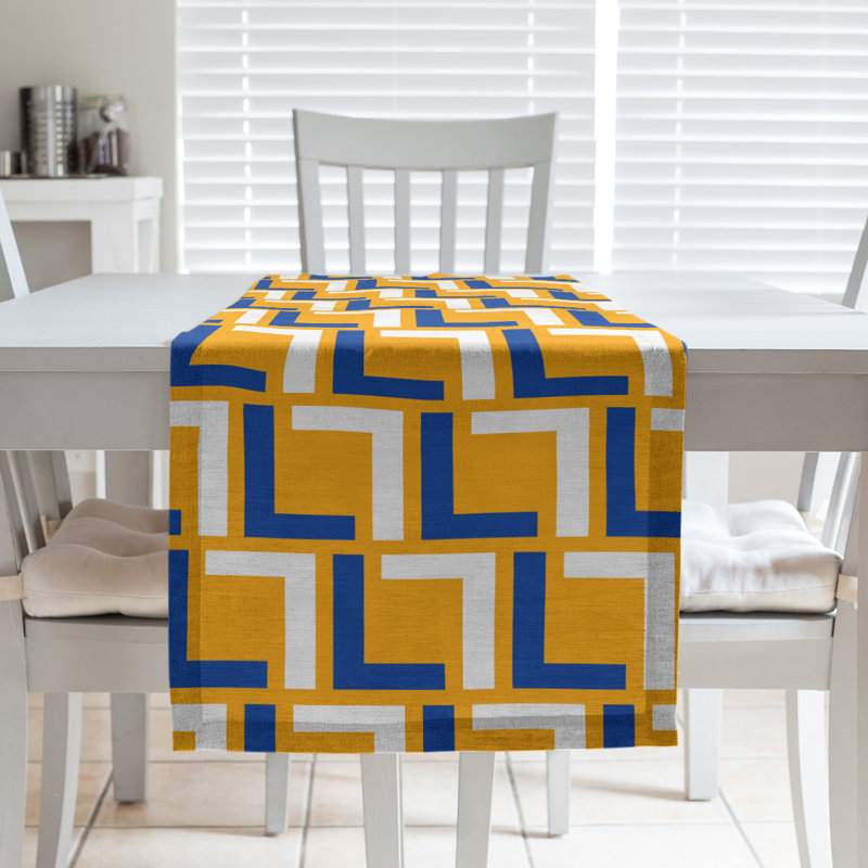 Geometric Table Runner, 72" x 16", Blue/White/Gold, Polyester