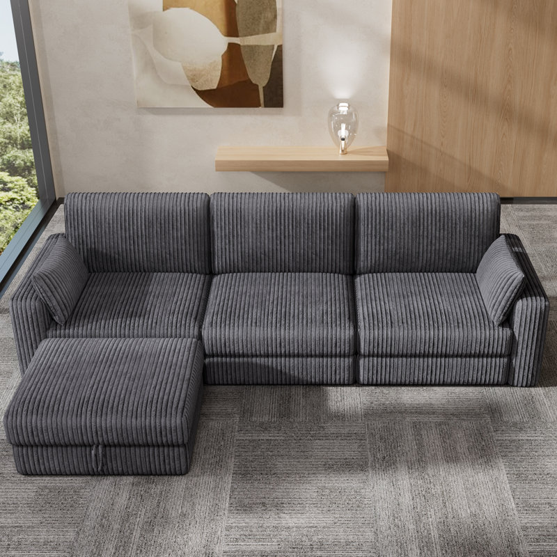 Extra Large Modular Sectional Sofa With Luxurious Corduroy Upholstery, Modern Oversized Convertible L Shaped Sectional Couch 3 Seat With Deep Seat Ottoman, Tool-Free Assembly