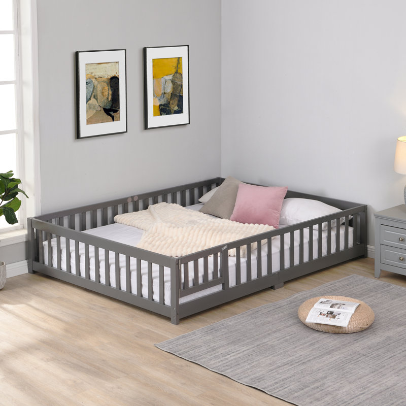 Twin Size Floor Bed With Door,Solid Wood Platform Bed Frame With Fence,Suitable For Children,Pine Wood, Twin, Gray