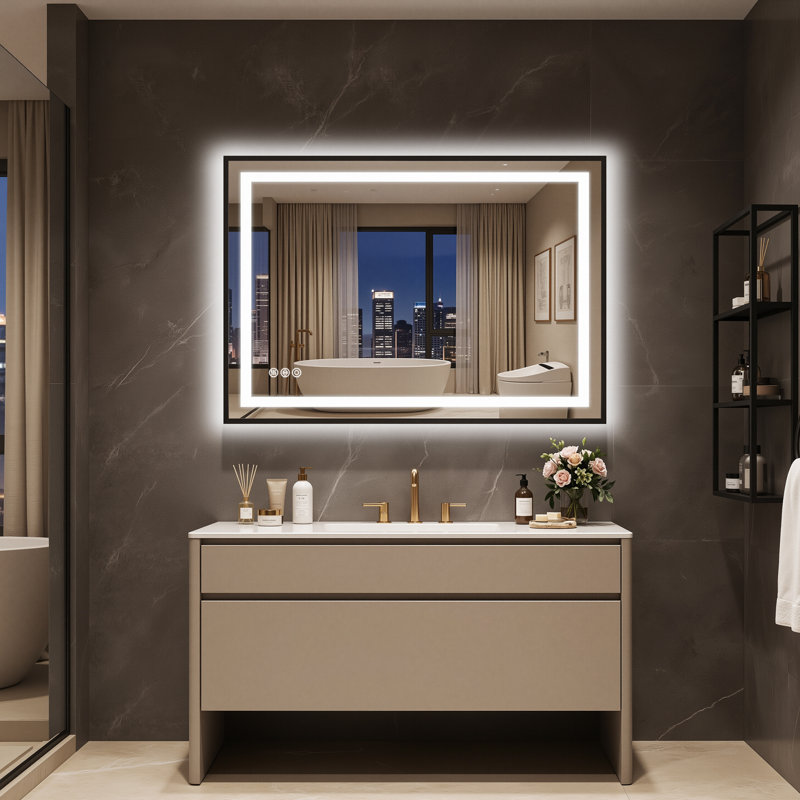 Miroir de salle de bain à DEL avec lumières, miroir de meuble-lavabo mural avec cadre noir, contrôle tactile, antibuée, lumières à intensité variable, incassable, fonction mémoire, miroirs de salle de bain muraux