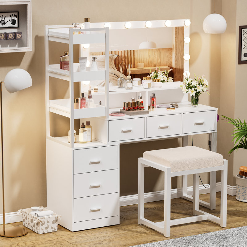 Ensemble coiffeuse avec miroir lumineux Ipava, Blanc / jaune