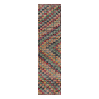 Vintage Distressed Runner Rug, Mosaic Multicolor Geometric Design - Rug & Kilim