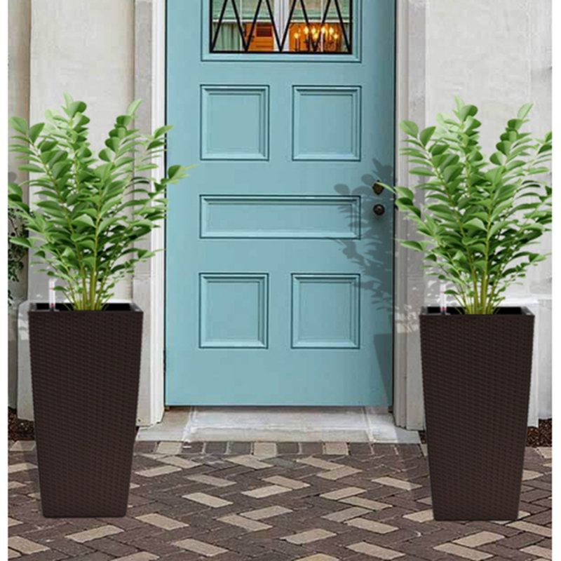 Indoor/Outdoor Modern Faux Rattan Design Square Planter, 22.6 inch Plastic Large Planter with Automatic Watering System for Home and Garden (, 22.6 inch - 2 Pack)