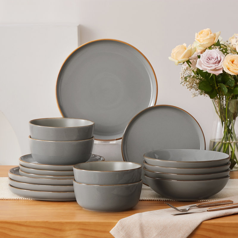 RENIOO Stoneware Dinnerware Set 16 Piece - Service for 4, Gray