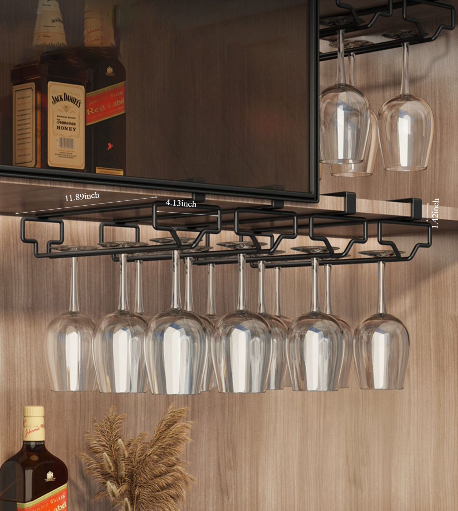 Dianoo Support à Verres à Vin Noir 18 Cm - Porte-Verres Sous Armoire 2 Rangées Pour Cuisine Et Bar