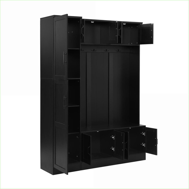  VIBE HAUS 79" Tall 4-in-1 Matte Black Modern Hall Tree, Entryway Bench with Shoe Storage, 6 Cabinets, 4 Coat Hooks & Adjustable Shelf for Hallway Living Room