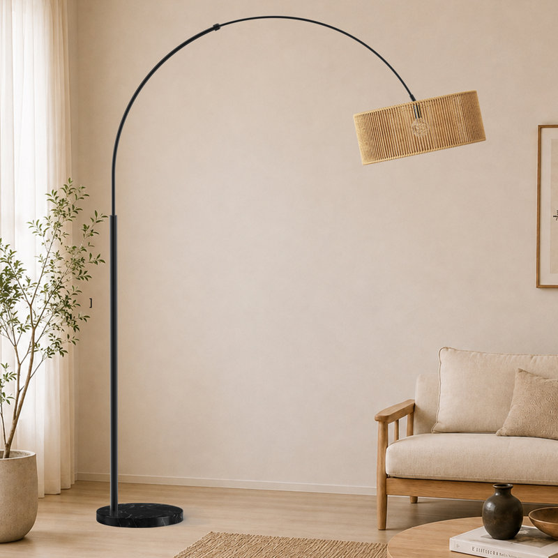 Lampe sur pied arquée bohème en métal de 203 cm avec abat-jour pivotant à 351° en rotin et base en marbre, Noir mat