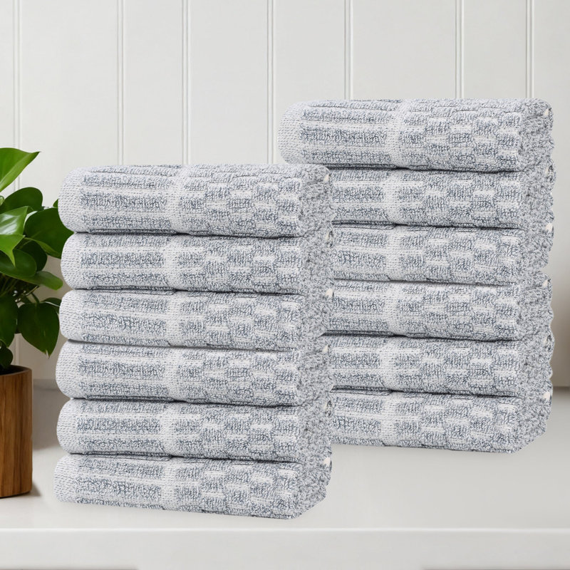 Blue Nile Mills  Viscose Cotton Blend Face Towel Set - Checkered Texture - Quick-Dry, Fade-Resistant, Denim Blue