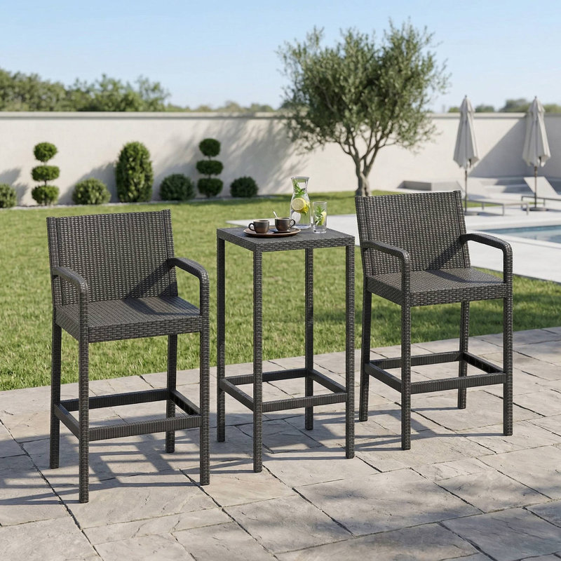 3-Piece All-Weather Patio Bar Furniture Set, 2 Ergonomic Bar Stools With Non-Slip Footrest, 1 Scratch-Resistant Bar Table, Suitable For Patio Bar, Backyard, Deck