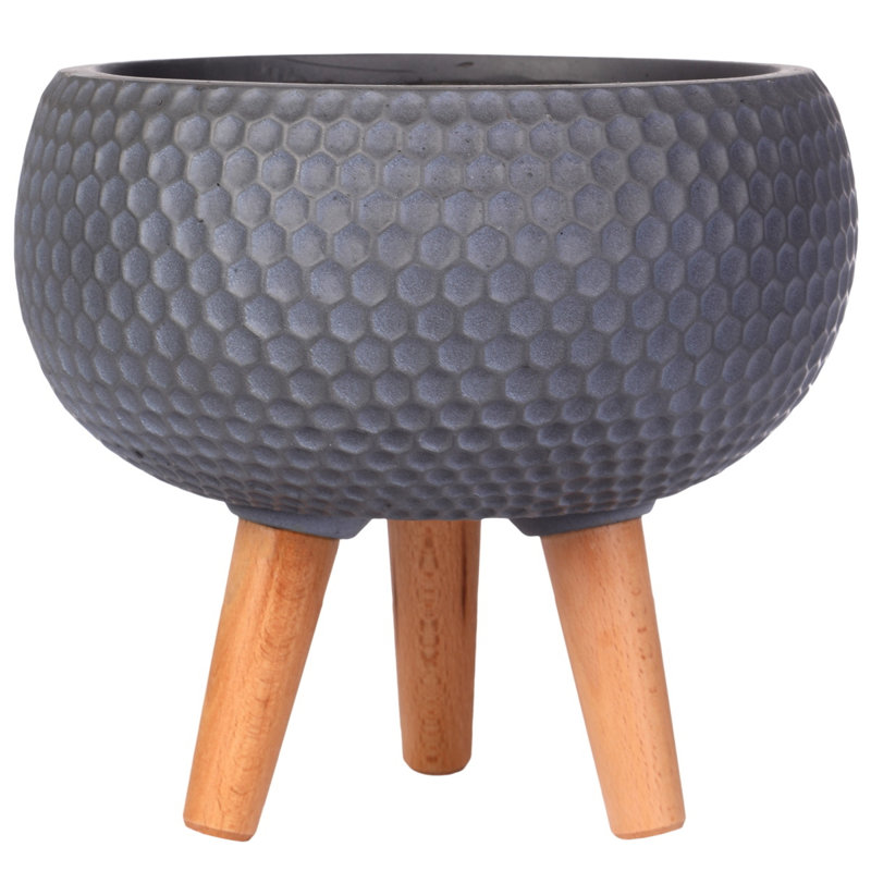 Concrete Effect Bowl Planter on Hardwood Legs, Round Indoor Plant Pot Stand for Indoor Plants, Shallow Planter with Honeycomb Pattern
