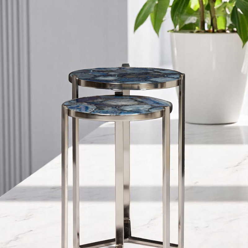 Blue Agate Gemstone Round Nesting Accent Tables