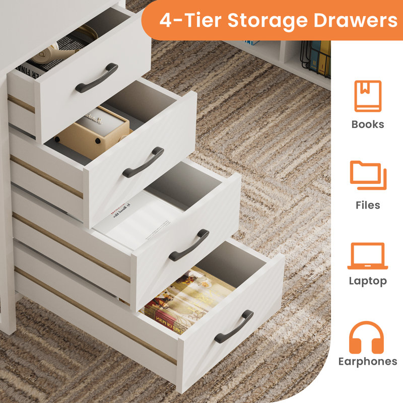 White Computer Desk With Tall Bookshelf, L Shaped Desk With Drawers & LED Lights Power Outlets,Corner Desk With File Cabinet,Home Office Gaming Desk,52''X31.5''X'63''