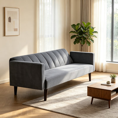Canapé-lit convertible de 183 cm avec dossier rabattable et tablette porte-gobelet, revêtement en lin gain de place, gris