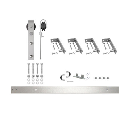 Ensemble de quincaillerie de porte de grange coulissante simple / une porte de grange coulissante simple en nickel brossé simple avec une voie de 5,5 pi de long, pour une porte intérieure (portes non incluses)
