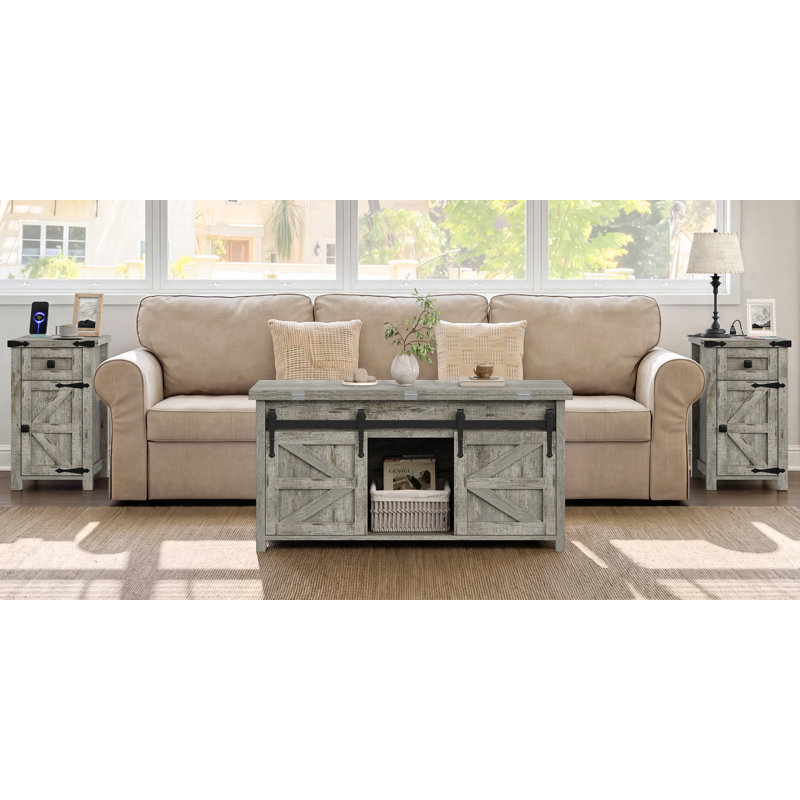 Ensemble de salon Jaquavion de style ferme, ensemble table basse et table d'appoint 2 pièces, Gris, Gris