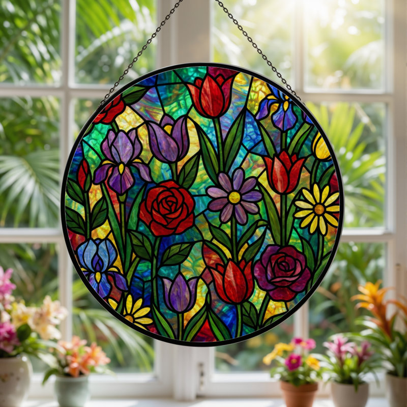 Vitrail à vitrail floral 12 "H 12", H 12 po x l 12 po