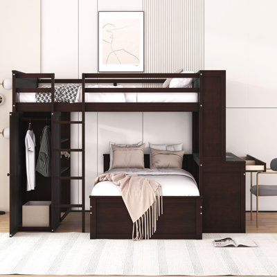 Lit mezzanine double avec lit simple autoportant, tablettes, bureau et garde-robe espresso