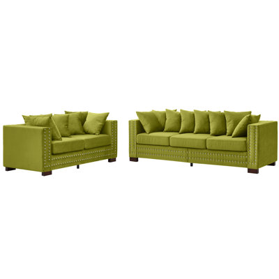 Velours rembourré 2 + 3 places moderne avec accoudoirs carrés, décoration clous argentés, ressorts ensachés, housses de rangement et lavables